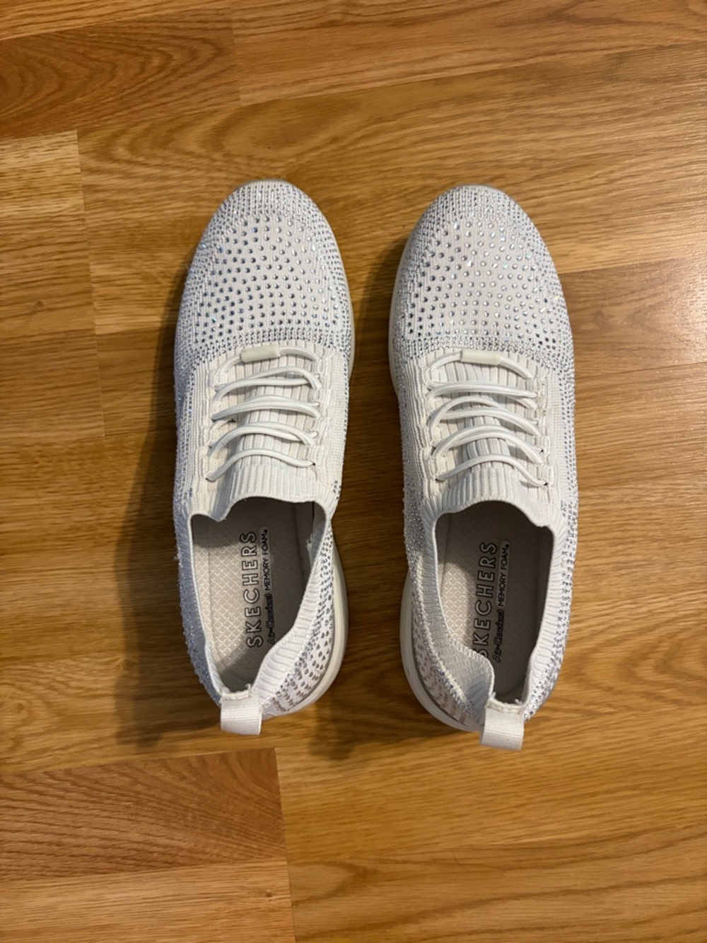 Skechers air cooled White Slip-On Knit Sneakers with Rhinestone Detail